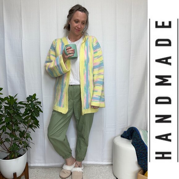 Handmade Crocheted Open Cardigan Pastel Long Sleeve Chunky Knit Sz: L - Picture 1 of 7
